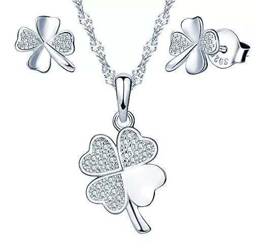 Yumilok Schmuck Yumilok Schmuck-Set für Damen 925 Sterling Silber Halskette mit Ohrringen Zirkonia 4 Blättriges Kleeblatt Geschenk-Set