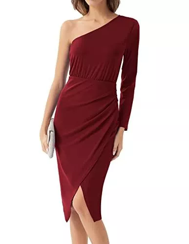 GRACE KARIN Cocktail GRACE KARIN Damen Bleistiftkleider Lange Ärmel One Shoulder Knielang Slim Fit Cocktailparty Bodyconkleider
