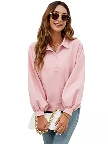 Famulily Pullover & Strickmode Famulily Damen Sweatshirt ohne Kapuze Oversize BallonäRmel Pullover Kurz Elegant Basic Einfarbig Oberteil Langarm mit Knopfleiste