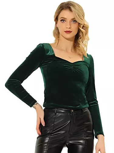 Allegra K Langarmblusen Allegra K Damen Oberteil Langarm Sweetheart Neck Samt Plissee Front Retro Shirt Bluse