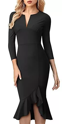 HOMEYEE Cocktail HOMEYEE Damen Vintage V-Ausschnitt 3/4 Ärmel Einfarbig Rockabilly Bodycon Midi Cocktail Meerjungfrau Kleid B691