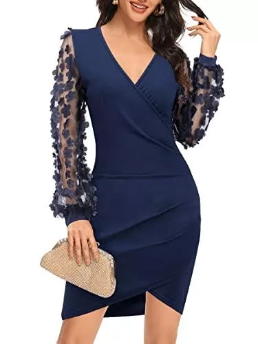 Laughido Cocktail Laughido Damen Wickelkleid mit V-Ausschnitt, Mesh, Kontrast, Bischofsärmel, gerüscht, figurbetontes kurzes Kleid