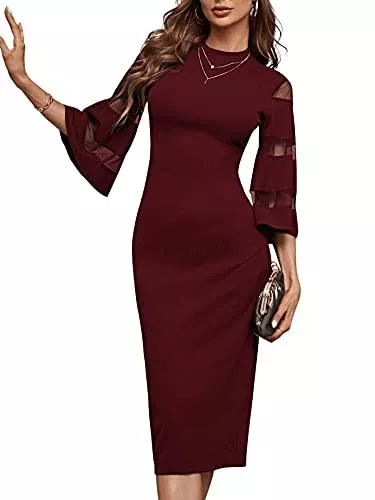 SheIn Party SheIn Damen Figurbetontes Kleid 3/4 Arm Mesh Midikleid Bodycon Partykleid Stehkragen Volant Ärmel Knielang Kleider mit Schlitz