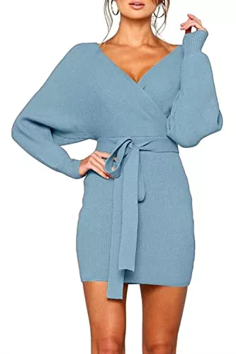 ZIYYOOHY Freizeit ZIYYOOHY Damen Elegant Strickkleid Pulloverkleid Tunika Kleid V-Ausschnitt Langarm Minikleid Mit Gürtel