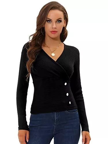 Allegra K Pullover & Strickmode Allegra K Damen Langarm Rundhals V-Ausschnitt Slim Fit Pullover Top Bluse