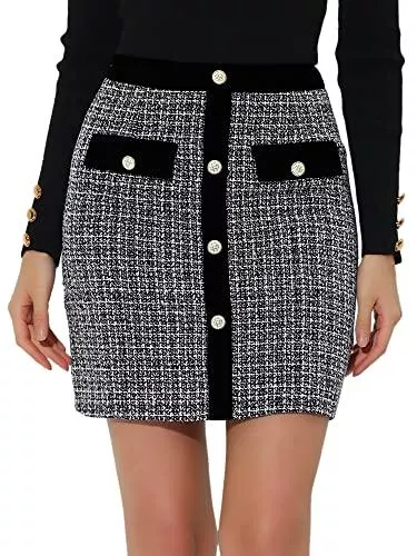 Allegra K Röcke Allegra K Damen Hoher Taille Elegant Kontrastfarbe Knopfdekor Tweed Karo Minirock Rock