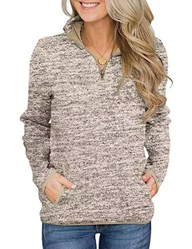 iWoo Pullover & Strickmode iWoo Damen Sweatshirt 1/4 Reißverschluss Pullover Langarm Jumper Bluse Tops Lose Casual Stehkragen Langarmshirt mit Taschen