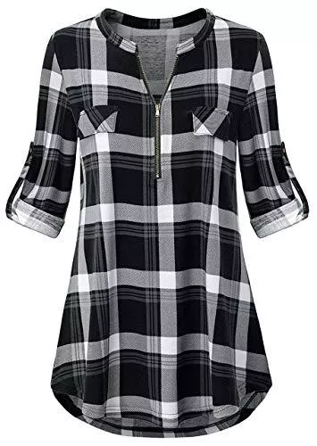 Odosalii Hemdblusen Odosalii Damen V-Ausschnitt Kariert Bluse 3/4 Ärmel Kurzarm Reißverschluss Tunika Tops Longshirt