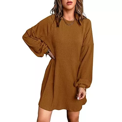 Basicspace Freizeit Basicspace Damenkleid Lässiges Strickkleid mit Langen Ärmeln und Taschen Puffärmeln Glockenärmeln Midikleid einfarbig