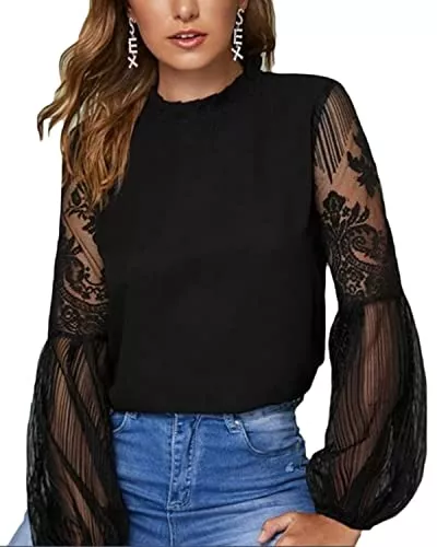 datasy Langarmblusen datasy Damen Blusen Elegant Spitze Oberteil Durchsichtig Ärmel Shirts Langarm Rundhals Basic Tops Langarmshirt