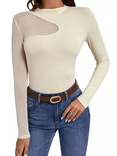 DIDK Langarmshirts DIDK Damen Mesh Langarmshirt Stehkragen Elegant Shirt Oberteile Durchsichtiges Netz Langarm T-Shirt Casual Top