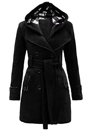 TYQQU Mäntel TYQQU Damen Winter Mittellanger Kapuzenmantel Zweireihiger Mischung Mantel Mit Gürtel Langarm Revers Wickelkleidung Mit Taschen Warmer Outdoor Trenchcoat