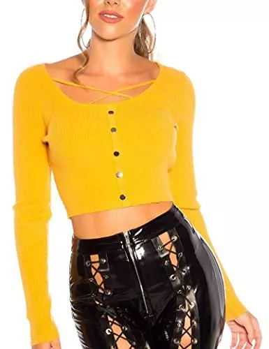 Koucla Pullover & Strickmode Koucla Sexy Crop Rippstrick Langarm Pullover mit Deko Knopfleiste One Size (Einheitsgröße)