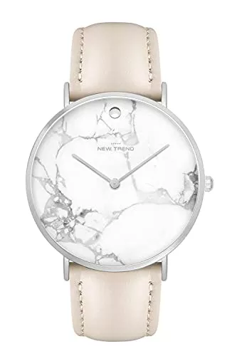 New Trend - Love for Accessories Uhren Armbanduhr Silber Weiss Schlicht in Marmor-Style für Damen &amp; Herren, Lederarmband-Optik oder Edelstahl-Metallarmband Ø 38 MM