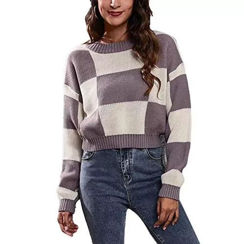 Estink Pullover & Strickmode Estink Damen Pullover Herbst Winter Schachbrett Muster rundes Kragen Warmes Sweatshirt Langarmshirt Oberteile