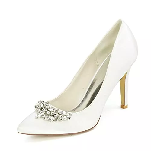 CLIMB High Heels 9,5 cm Damen Low Kitten Heel Pumps Strass Satin Spitzschuh Hochzeit Abend Party Court Schuhe