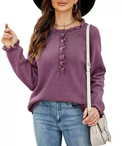 LIOFOER Pullover & Strickmode LIOFOER Damen Strickpullover Knopf Pullover Pullover Casual Strickwaren Spitze Langarm Tops