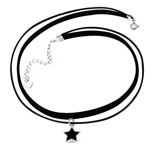 Yumilok Schmuck Yumilok Frauen Damen Mädchen Choker Doppel Kette Halskette mit Stern Anhänger Choker Halskette Halsband Schwarz Seil Leder
