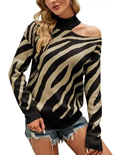 ASOMI Pullover & Strickmode ASOMI Sexy Pullover Damen Oberteile Off Shoulder Langarm Shirt Rollkragen Kalter Schulter Sweatshirt Bluse mit Zebra Streifen