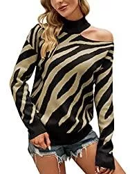 ASOMI Pullover & Strickmode ASOMI Sexy Pullover Damen Oberteile Off Shoulder Langarm Shirt Rollkragen Kalter Schulter Sweatshirt Bluse mit Zebra Streifen