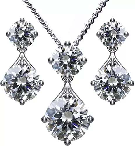 FEDER Schmuck FEDER Silber Kette &amp; Ohrringe Schmuck-Set für Damen - Silberkette Halskette mit Anhänger Diamant „Doppelter Tropfen“ - 925 Silber – Geschenke für Frauen, Hochzeit, Geburtstag, Valentinstag, Jahrestag