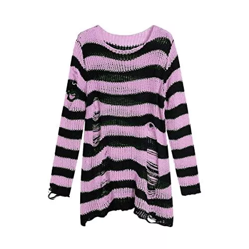 Blooming Beauty Pullover & Strickmode Blooming Beauty Damen Gothic Punk Grunge Pullover Langarm Rundhals Oversize Gestreifte Zerrissene Lange Strickpullover Pulloverkleid Longpullover Oberteile Tops