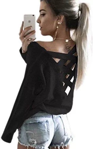 ECOWISH Pullover & Strickmode ECOWISH V Ausschnitt Oberteile Damen Kreuz Pullover Langarmshirts Tops Hemd Shirt
