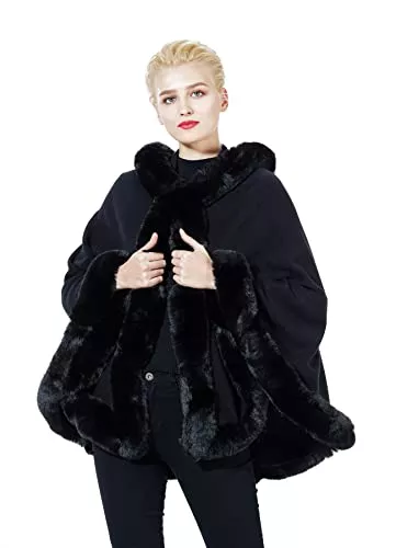 BEAUTELICATE Strickjacken BEAUTELICATE Kunstpelz Stola Umhang Damen Poncho Cape Mit Kapuze Für Winter Hochzeit Abend Braut Schwarz Khaki Beige S96