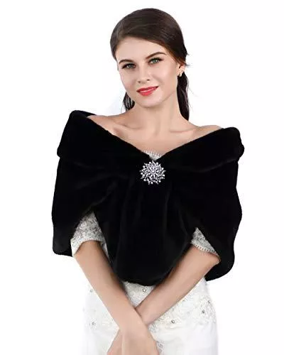 Aukmla Schals & Tücher Simsly 1920 Braut Hochzeit Kunstpelz Schal Wrap Braut Pelz Schal Fell Wraps und Tücher für Frauen （Schwarz）