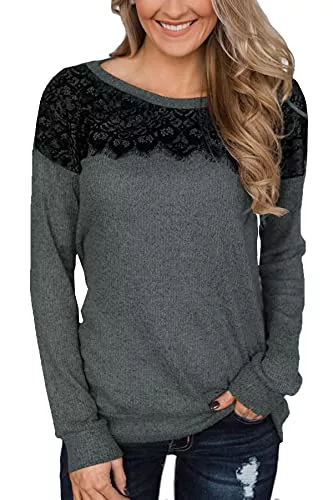 BesserBay Pullover & Strickmode BesserBay Damen Causal Einfarbiges Langarmshirt mit Schwarzen Spitzen Elegantes Sweatshirt S-XXL