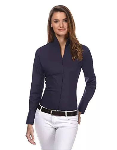 Vincenzo Boretti Langarmblusen Vincenzo Boretti Damen Bluse mit Kelchkragen leicht tailliert 100% Baumwolle bügelleicht Langarm Hemdbluse mit Stehkragen elegant festlich auch für Business