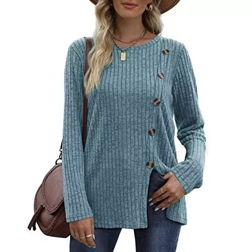 Aokosor Pullover & Strickmode Aokosor Strickpullover für Damen Casual Pullover Elegant Leichter Oberteile Langarm Tops Sweatshirt ohne Kapuze Knitted Sweater Langarmshirt Tunika Knopfleiste Schlitz Herbst Winter