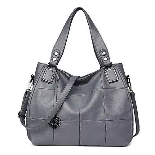 Kris Anna Taschen & Rucksäcke Kris Anna Damen Hobo Schultertasche Shopper Tasche aus PU-Leder mit Schulterriemen Umhängetasche Stickerei Handtasche für Frauen Grau EINWEG