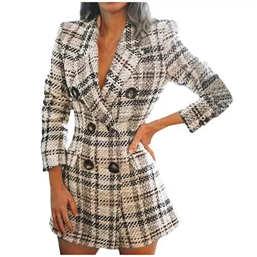 Zldhxyf Blazer Zldhxyf Damen Karierter Anzug Langarm-Blazer mit Umlegekragen Zweireihige Schmale Jacke Lässige Oberbekleidung Frauen Mode Zweireiher Plaid Tweed Blazer Mantel Vintage Langarm Taschen Oberbeklei