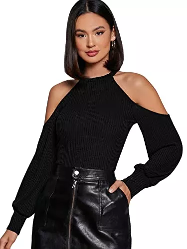 DIDK Langarmshirts DIDK Damen Cold Shoulder Oberteil Elegant Langarmshirt Rippenstrick T-Shirt Kurz Tops