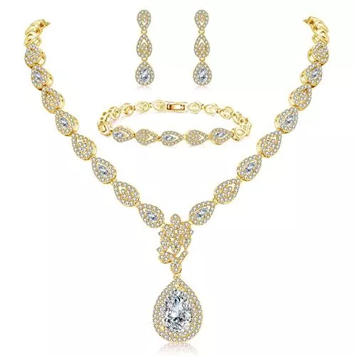 Deyanse Schmuck Deyanse Hochzeit Schmuckset, Träne Halskette &amp; Ohrringe Hängend &amp; Armband Set, Silber / Rosegold / Gold Braut Damen Schmuckset mit AAAAA Weiß Zirkonia in Verlobung für Braut Liebhaber Frauen