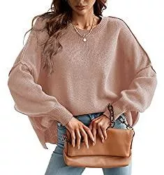 ZIYYOOHY Pullover & Strickmode ZIYYOOHY Damen Pullover Oversized Fledermausärmel Rundhals überschnittene Schulte Strickpullover Lose Einfarbig mit Saumschlitz