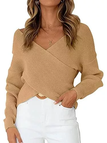 Siyova Pullover & Strickmode Siyova Casual Frauen Cross V-Ausschnitt Pullover Herbst Einfarbig Langarm Strickpullover Jumper Crop Tops