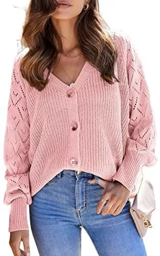 ASOMI Strickjacken ASOMI Sexy Strickjacke Damen V-Ausschnitt Langarmshirt Strickpullover Spitze Ärmel Offener Front Strickcardigan mit Knop