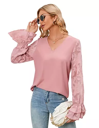KOJOOIN Langarmblusen KOJOOIN Damen Bluse Langarm V-Ausschnitt Chiffon Hemd Casual Elegant Tunika Tops(Verpackung MEHRWEG)