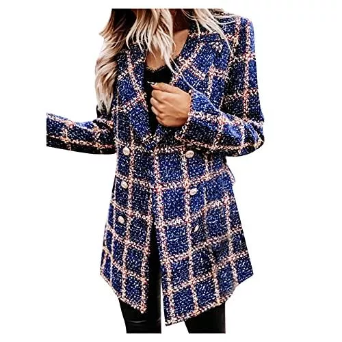 CHENGY Blazer CHENGY Mantel Damen Blazer Wollmantel Slim Fit Frauenmantel Herbst Winter Trenchcoat Lang Warme üBergangsjacke Zweireihige Karo Druck Wolljacke, Khaki,schwarz,weiß,grau,lila