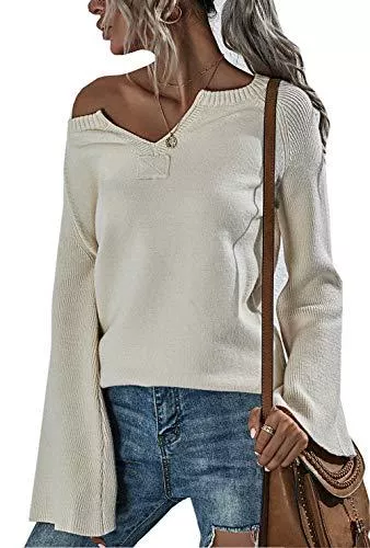 ZIYYOOHY Pullover & Strickmode ZIYYOOHY Damen Strickpullover V Ausschnitt Langarmshirts Pullover Sweatshirt Schulterfrei Lose Casual Oberteil Tops Sweater Pulli Einfarbig