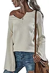 ZIYYOOHY Pullover & Strickmode ZIYYOOHY Damen Strickpullover V Ausschnitt Langarmshirts Pullover Sweatshirt Schulterfrei Lose Casual Oberteil Tops Sweater Pulli Einfarbig