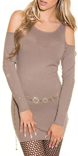 Koucla Freizeit Koucla Damen Strickkleid Longpullover Minikleid Pullover mit Strass und mit Cutouts