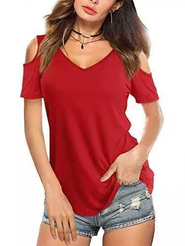 Amoretu Kurzarmblusen Amoretu Damen Sommer-T-Shirts, V-Ausschnitt, kalte Schulter, Tunika, Tops, Bluse, Shirts