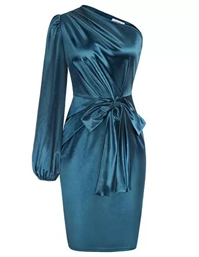 LIUMILAC Cocktail LIUMILAC Damen Cocktailkleid One Shoulder mit Schleife Bodycon Knielang Party Bleistiftkleider