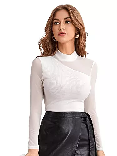 DIDK Langarmblusen DIDK Damen Mesh Langarmshirt Stehkragen Elegant Shirt Oberteile Durchsichtiges Netz Langarm T-Shirt Casual Top