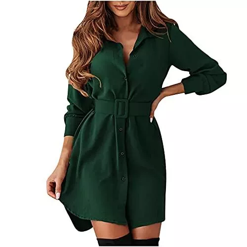 Sisifa Freizeit Sisifa Hemdkleid Damen Kurz Langarm Elegant Freizeitkleid Gürtel Revers Button Down Arbeitskleider für Damen Einfarbig Büro Business Kleider Blusenkleid