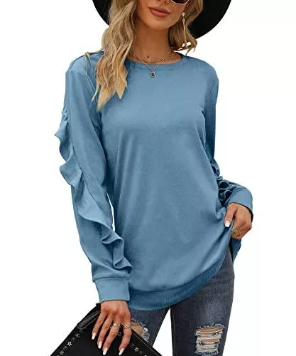 SAMPEEL Pullover & Strickmode SAMPEEL Pullover für Damen Strickpullover Langarmshirt Stricken Sweatshirts Lockere Bluse Tunika Oberteile Basic Rundhalsausschnitt Rüschenärmel Herbst Winter