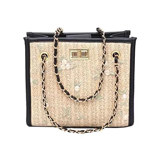 Unbekannt Taschen & Rucksäcke Damen Stroh Schultertasche mit Henkel, elegante Crossbody Tasche mit Blumenstickerei, Netz Spitze